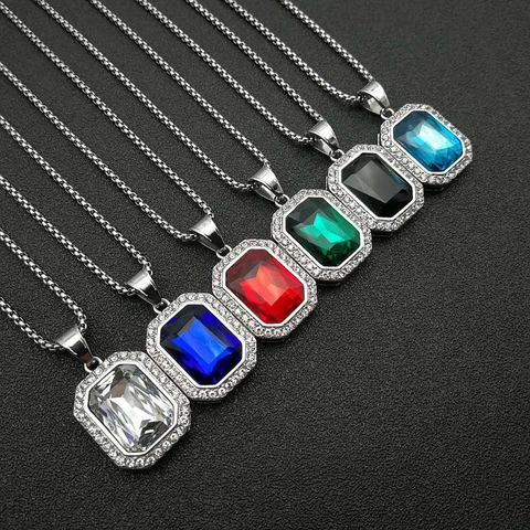 Colgante de Gema Rectangular Hip Hop de Acero Inoxidable Chapado en Oro Con Halo de Strass Joyería Colgante Solo Sin Cadena