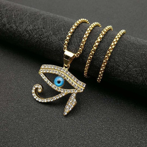 Collana con Ciondolo Occhio di Horus in Acciaio Inossidabile Hip Hop Placcato Oro Strass Malocchio Gioielli Egiziani Vintage Uomo Donna