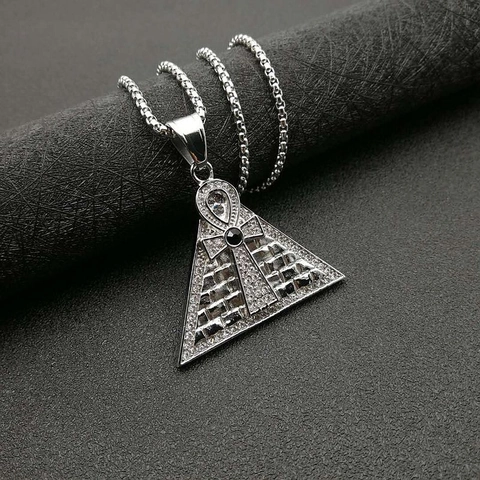 Collana con Pendente a Piramide Egizia in Acciaio Inossidabile Hip Hop per Uomo Donna Oro Pavé di Strass Gioielli con Simbolo Ankh