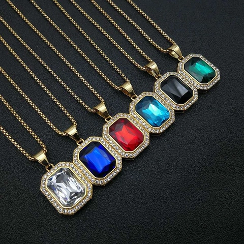 Colgante de Gema Rectangular Hip Hop de Acero Inoxidable Chapado en Oro Con Halo de Strass Joyería Colgante Solo Sin Cadena