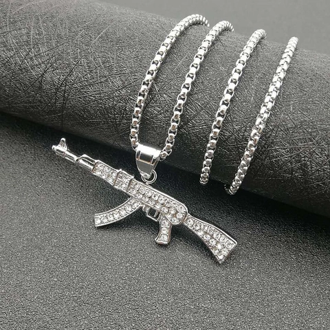 Collar con Colgante de Pistola AK47 Hip Hop de Acero Inoxidable Chapado en Oro con Diamantes de Imitación Joyería para Hombre