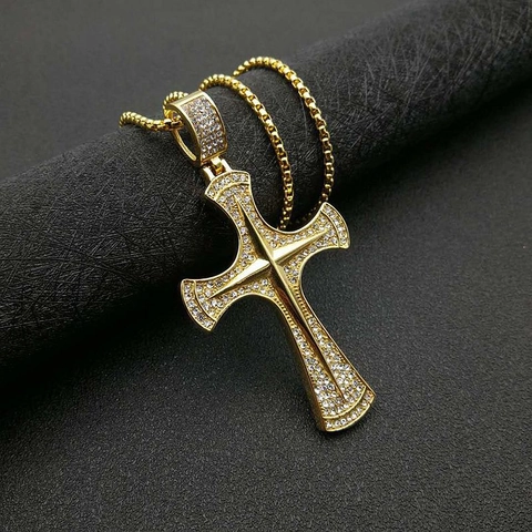 Collier avec Pendentif Croix Hip Hop en Acier Inoxydable Plaqué Or avec Strass pour Hommes Femmes Bijoux de Mode Cadeau