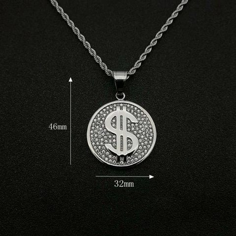 Hip Hop Iced Out Dollarteken Hanger Halsketting Titanium Staal Verguld Strass Geld Symbool Cirkel Medaillon Voor Heren Dames Sieraden