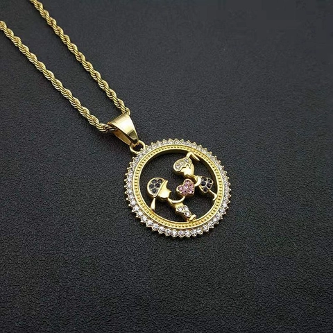 Collier Pendentif Cœur Garçon Fille Hip Hop en Acier Inoxydable Plqué Or Bijoux en Strass pour Couples Mode Collier