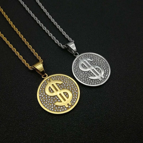 Hip Hop Iced Out Dollarteken Hanger Halsketting Titanium Staal Verguld Strass Geld Symbool Cirkel Medaillon Voor Heren Dames Sieraden