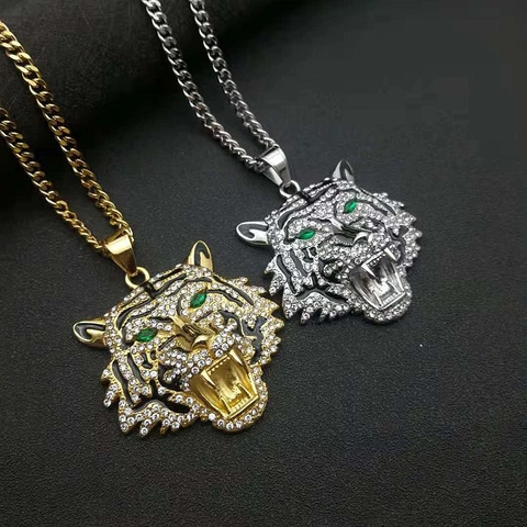 Hip Hop Roaring Tiger Head Pendant Necklace Titanium Steel Bottle Opener Iced Out Rhinestone Punk Jewelry For Men Women