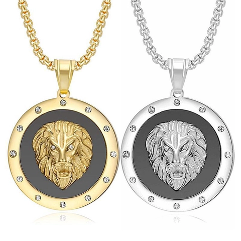Collar con Colgante de Cabeza de León Hip Hop Acero de Titanio Chapado al Vacío Oro Plata Diamante de Imitación Joyería Hombre