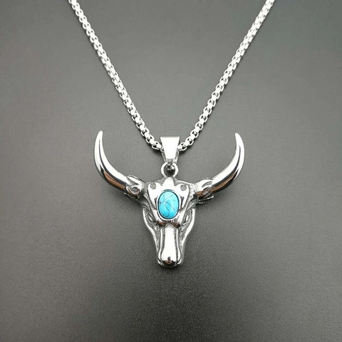Vintage Punk Bull Head Pendant Necklace Stainless Steel Turquoise Inlaid Rock Biker Gothic Style Jewelry For Men Women