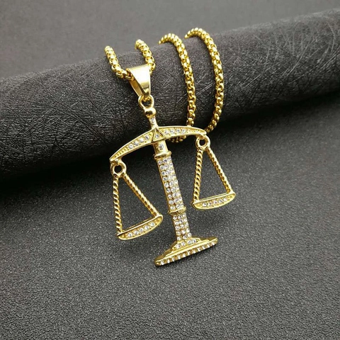 Hip Hop Gold Plated Titanium Steel Libra Scales Pendant Necklace For Men Women Iced Out Rhinestone Zodiac Jewelry Gift