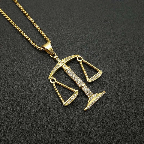 Hip Hop Gold Plated Titanium Steel Libra Scales Pendant Necklace For Men Women Iced Out Rhinestone Zodiac Jewelry Gift