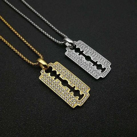 Collana Pendente Lama da Rasoio Hip Hop in Acciaio Inossidabile Con Strass Intarsiati Oro Argento Gioielli per Uomo Donna Festa Quotidiana