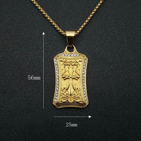 Hip Hop Iced Out Cross Rectangle Pendant Necklace Titanium Steel Rhinestone Gold Plated Religious Jewelry For Men Women