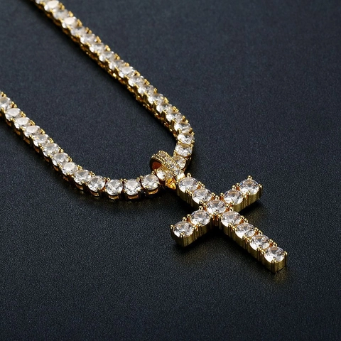 Collar con Colgante de Cruz de Cobre Hip Hop con Circonia Micro-pavé Chapado en Oro Plata Cadena de Cuerda Tennis Hombre Mujer Joyería
