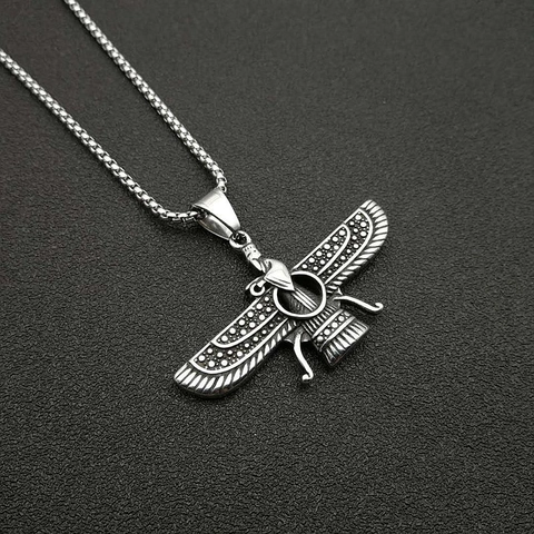 Vintage Titanium Staal Faravahar Hanger Halsketting Voor Heren Dames Perzisch Zoroastrisme Gevleugelde Zon Gepolijste Religieuze Etnische Sieraden