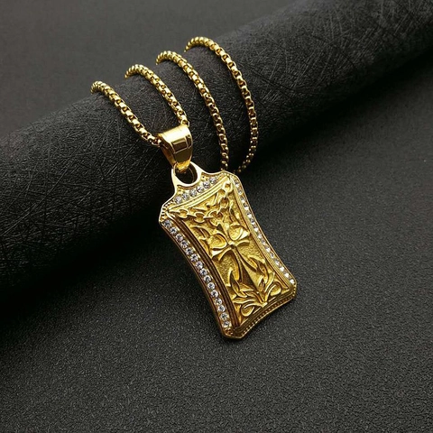 Hip Hop Iced Out Cross Rectangle Pendant Necklace Titanium Steel Rhinestone Gold Plated Religious Jewelry For Men Women