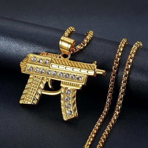 Collana con Ciondolo a Forma di Mitragliatrice in Acciaio al Titanio Hip Hop Uomo Placcato Oro Argento Strass Intarsiato Gioielli Punk
