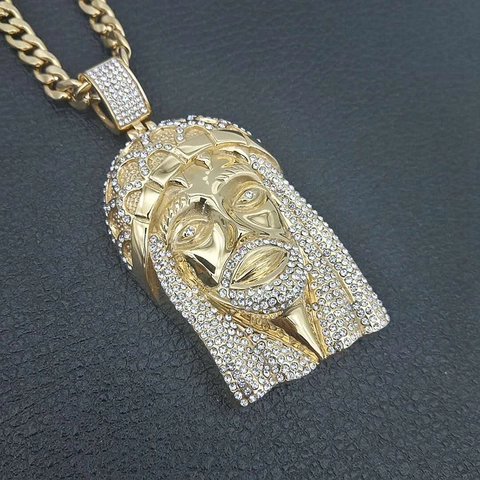 Hip Hop Jesus Piece Pendant Necklace For Men Titanium Steel Iced Out Rhinestone Jesus Head Gold Tone Cuban Link Chain Jewelry