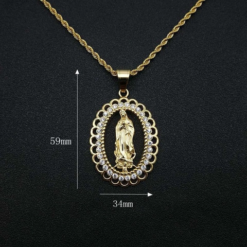 Hip Hop Jungfrau Maria Anhänger Halskette Für Herren Damen Vergoldet Edelstahl Strass Religiöse Ovale Halskette Schmuck