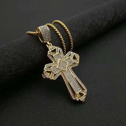 Heren Hip-hop Roestvrijstalen Kruis Hanger Halsketting Verguld Strass Religieuze Mode Sieraden Accessoire
