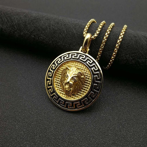 Hip Hop Lion Head Pendant Necklace Titanium Steel Gold Plated Greek Key Meander Relief Rhinestone Jewelry For Men Unisex