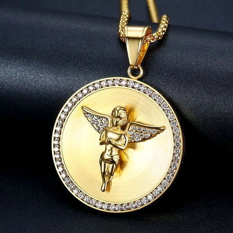 Collana con Ciondolo Ali di Angelo in Acciaio Inossidabile Hip Hop Placcato Oro Pave Zirconia Medaglione Rotondo Religioso Uomo Donna