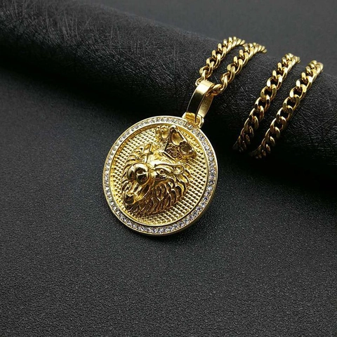 Hip Hop Löwenkopf Krone Runder Anhänger Halskette Titanstahl Vergoldet Strass Eingelegte Panzerkette Schmuck Für Herren