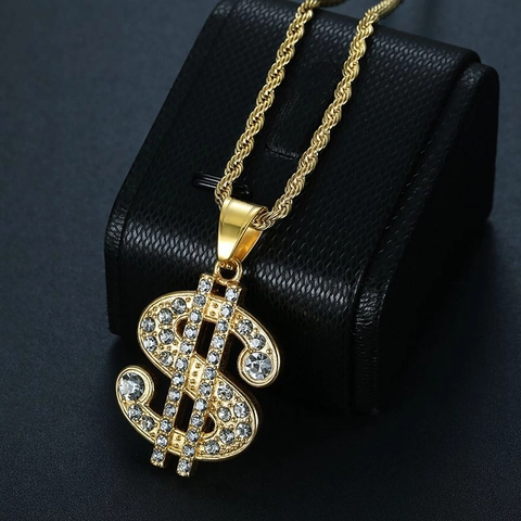 Hip Hop Dollarteken Hanger Ketting Voor Heren Titanium Staal Iced Out Strass Plaveisel Geldsymbool Goud Zilver Vergulde Sieraden