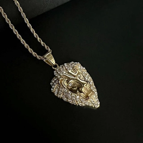 Collana con Ciondolo Testa di Leone Hip Hop Iced Out in Acciaio Inossidabile con Strass Collana a Catena per Uomo Donna