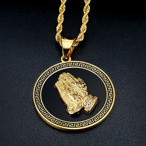 Hip Hop Titanstahl Betende Hände Anhänger Halskette Rund Griechischer Schlüssel Strass Eingelegt Religiöser Schmuck Für Unisex