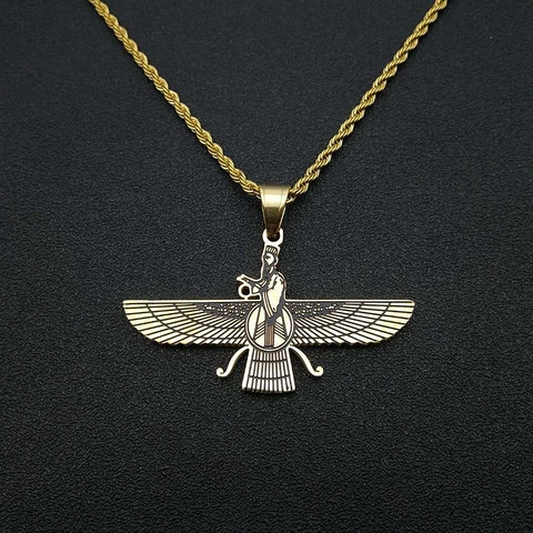 Collana con Pendente Faravahar in Acciaio Inossidabile Hip Hop per Uomo Donna Gioielli Religiosi Zoroastrismo Oro Argento