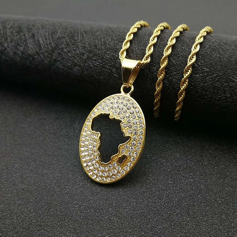 Collana Hip Hop con Ciondolo Mappa dell'Africa in Acciaio al Titanio per Uomo Donna Oro Argento Galvanica Sotto Vuoto Strass Intarsiato Gioielli