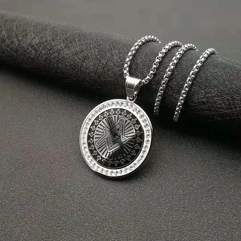 Hip Hop Stainless Steel Freemasonry Pendant Necklace For Men Women Gold Silver Round Rhinestone Pave AG Mason Jewelry