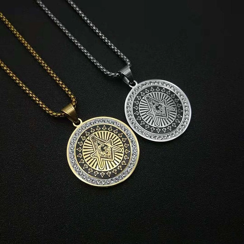Hip Hop Stainless Steel Freemasonry Pendant Necklace For Men Women Gold Silver Round Rhinestone Pave AG Mason Jewelry