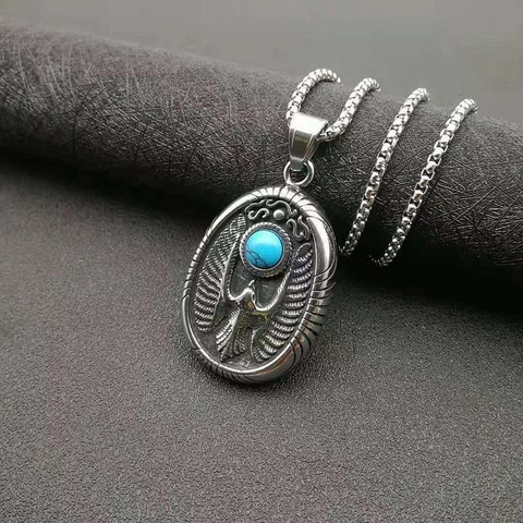 Collar de Colgante de Águila de Turquesa de Acero de Titanio Punk Vintage para Hombres Mujeres Joyería de Tótem de Animal Retro Pulido