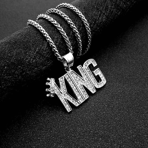 Collana con Pendente Lettera King Hip Hop in Acciaio Inossidabile con Strass Corona Design Gioielli per Uomo Donna Oro Argento