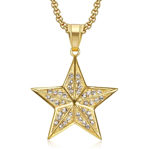 Collana con Ciondolo a Stella Iced Out Hip Hop Acciaio Inossidabile Placcatura Sottovuoto Strass Pentagramma per Uomo Donna