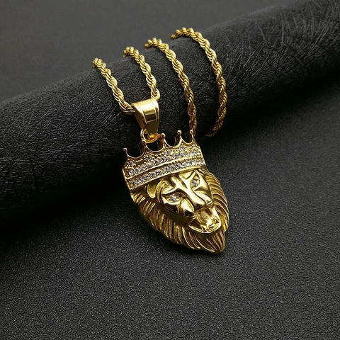Collar con Colgante de Cabeza de León Hip Hop Acero de Titanio Chapado en Oro con Diamantes de Imitación Joyería para Hombre