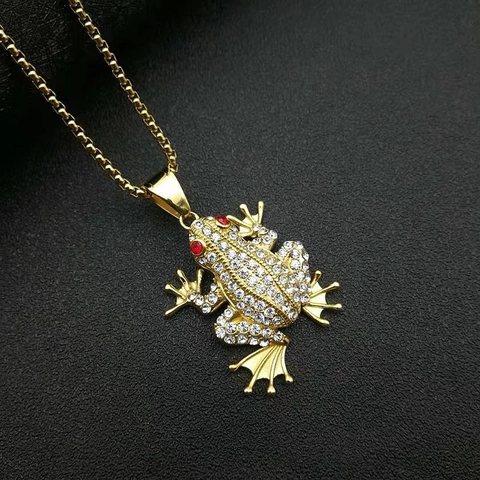 Hip Hop Stainless Steel Gold Plated Frog Pendant Necklace Red Eye Animal Rhinestone Inlaid Box Chain Jewelry For Men Women