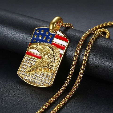 Hip Hop Collana con Ciondolo Aquila Bandiera Americana Acciaio al Titanio Smalto Iced Out Strass Gioielli Galvanizzati Dog Tag Uomo