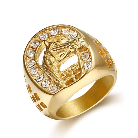 Hip Hop Titanium Steel Horse Head Horseshoe Ring For Men Gold Silver Plated Rhinestone Animal Statement Ring Jewelry