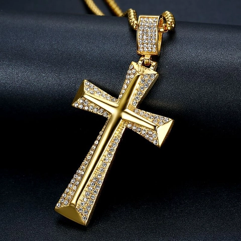 Hip Hop Gold Plated Titanium Steel Iced Out Rhinestone Cross Pendant Necklace For Men Women Unisex Religious Jewelry