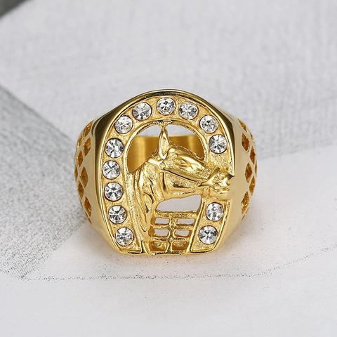 Hip Hop Titanium Steel Horse Head Horseshoe Ring For Men Gold Silver Plated Rhinestone Animal Statement Ring Jewelry