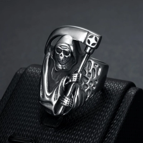 Vintage Punk Grim Reaper Scythe Skull Ring For Men Gothic Titanium Steel Polished Biker Finger Ring Jewelry Gift