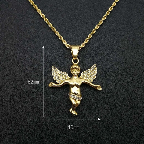 Collana Hip Hop Iced Out Con Ciondolo Angelo Cupido In Acciaio Inossidabile Placcato Oro Strass Gioielli Di Moda