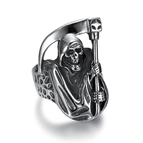 Vintage Punk Grim Reaper Scythe Skull Ring For Men Gothic Titanium Steel Polished Biker Finger Ring Jewelry Gift