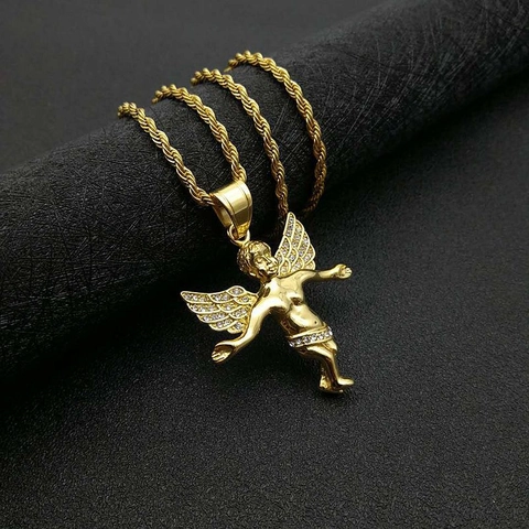Collana Hip Hop Iced Out Con Ciondolo Angelo Cupido In Acciaio Inossidabile Placcato Oro Strass Gioielli Di Moda