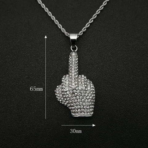 Hip Hop Stainless Steel Middle Finger Hand Pendant Necklace Iced Out Rhinestone Titanium Steel Jewelry For Men Women Party Necklace