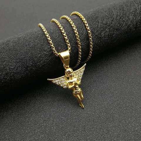 Hip Hop Titaniumstaal Biddende Engel Hanger Ketting Gevleugelde Engel Met Strass Ingelegd Mode Sieraden Voor Dames Heren