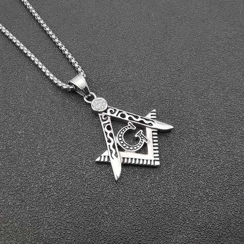 Hip Hop Titanstahl Freimaurer Quadrat Kompass G Anhänger Halskette Gold Silber Strass Pave Unisex Schmuck Geschenk