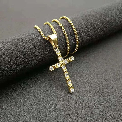 Collana con Pendente a Croce in Acciaio Inossidabile Hip Hop per Uomo Donna Oro Argento Placcato Strass Gioielli Religiosi Geometrici